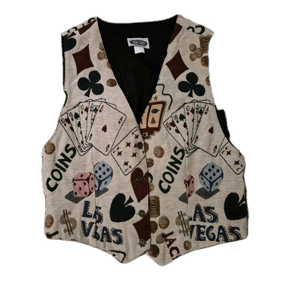 VTG Hamilton Playing Cards Game Of Spades Vest Womens L AOP Las Vegas Gambling